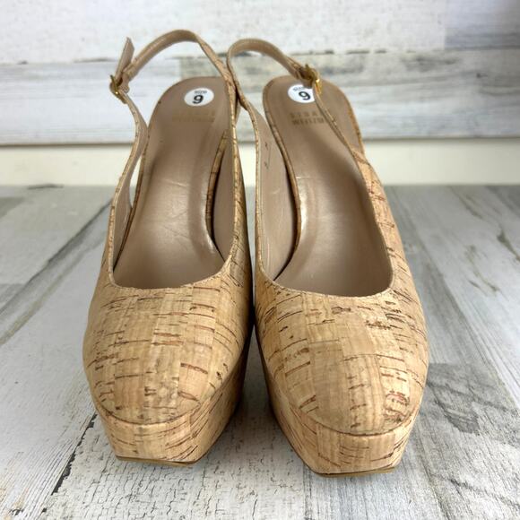 Stuart Weitzman Womens 9 Tan Cork Platform High Heel Slingback Pumps Heels - Picture 2 of 9